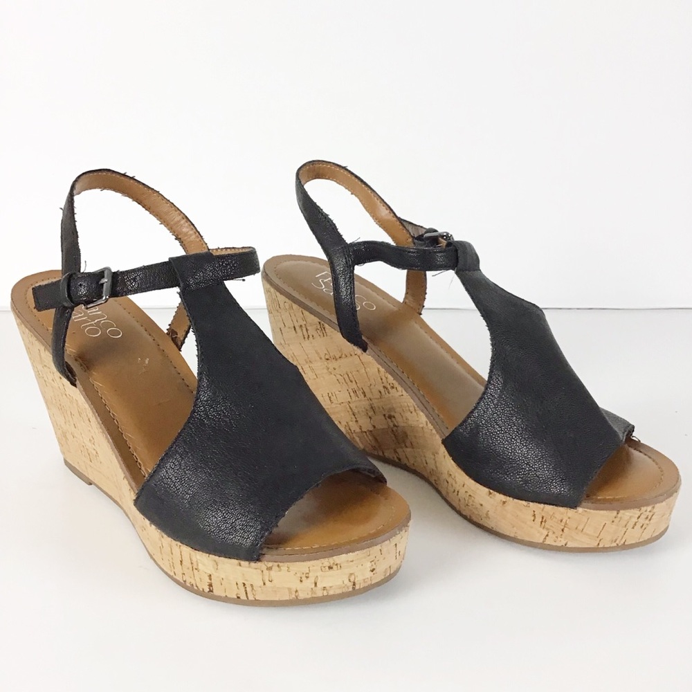 Franco Sarto Clinton Black Leather T-Strap Wedge